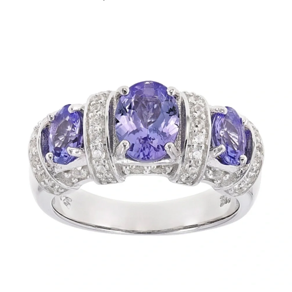 3 Stone Blue Tanzanite | White Zircon Rhodium over Sterling Silver Ring 2.44ctw